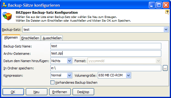BitZipper Backup Setze